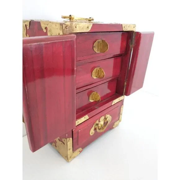 Vintage Chinese Rosewood Jewelry Box Ornate Brass Jade Inlay